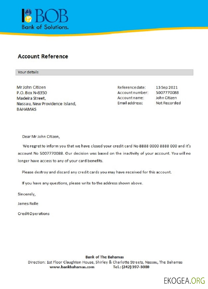 La banque de solutions Bahamas , I bob de référence , closure